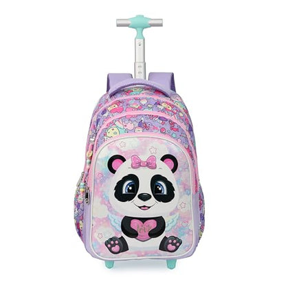Cartoon Rolling Backpack for Boys Girls, Kids 5 Pcs Wheeled Backpack, Travel Backpack for Elementary Students (Panda Purple) - color: Panda Purple