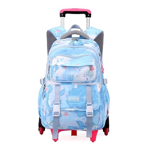 Kids Rolling Backpack for Girls School Backpack with Wheels for Boys Wheeled Bookbags Roller Trolley Bags for Primary Students, 6-Wheel Light Blue - color: 6 Wheels Light Blue