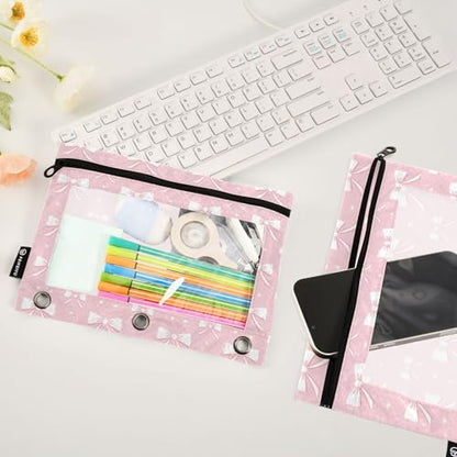 ATTX Pink Ribbon Bow Pencil Pouch for 3-Ring Binder - Large Capacity Clear Window Pencil Case with Smooth Zipper, Heavy Duty Office Supplies Organizer - color: Pink Ribbon Bow