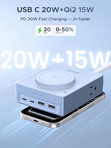 UGREEN Power Strip with 4 Power Outlets, 15w Wireless Charger, 20W PD3.0 USB C Fast Charging, 2 USB-C Ports, 2 USB A Ports, Desk Charging Station for Office, Conference, Home Use