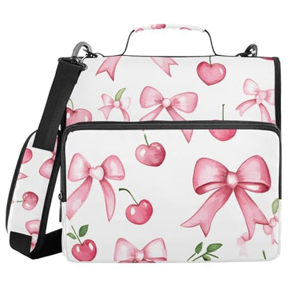 Pink Bow Cherry 3 Ring Zipper Binder Bag Binder Organizer with Handle Shoulder Strap for School Work Office Supplies - color: Pink Bow Cherry