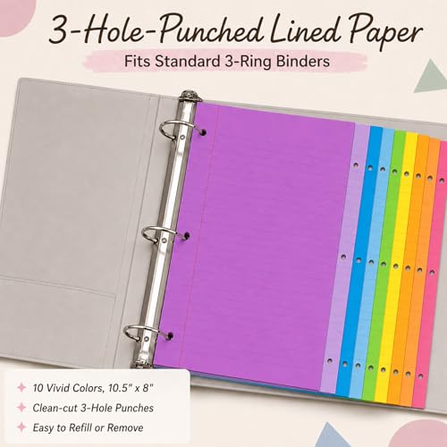 gisgfim 100 Sheets 3 Hole Punched Lined Refill Paper 8 x 10.5 Inch Loose Leaf Paper 3-Ring Binders College Ruled Notebooks Planner Inserts Thicken for Writing School Office Home Supplies(Colorful) - color: Colorful
