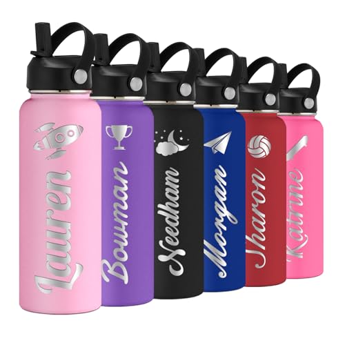 Personalized Water Bottle with Straw Lid for School,Custom Engraved Insulated Stainless Steel Sports Water Bottle with Name for Girls Boys Women Men(24oz/32oz/40oz,12 Colors) - color: Pink, style: Sports