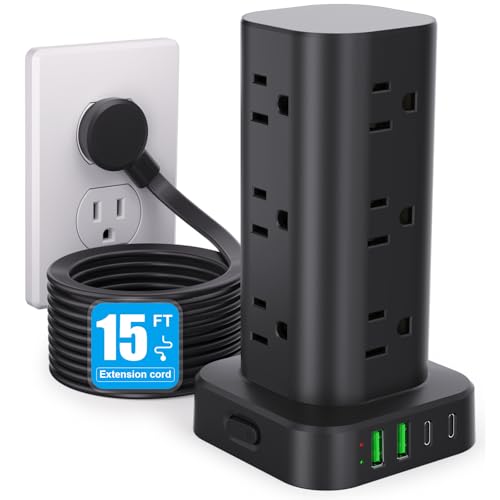 Power Strip Tower with Multiple Outlets, Flat Plug Surge Protector Tower Extension Cord with 12 AC Outlets 4 USB Ports (2 USB C), 15FT Cord Power Tower Surge Protector for Home Office Dorm Room, Black - color: Black, size: 15FT without Wireless Charging