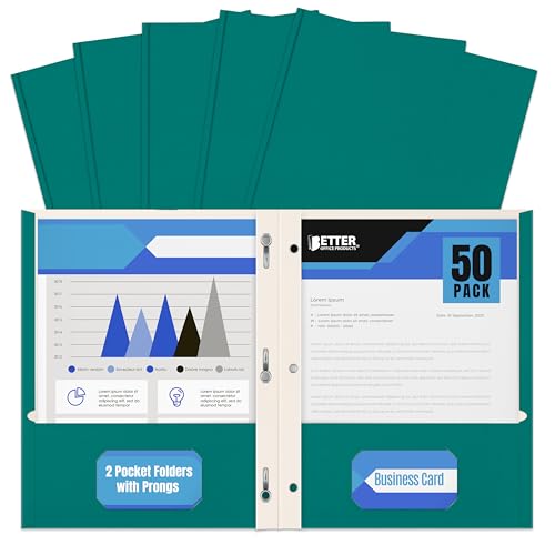 Better Office Products Teal Paper 2 Pocket Folders with Prongs, 50 Pack, Matte Texture, Letter Size Paper Folders, 50 Pack, with 3 Metal Prong Fastener Clips, Teal - color: Teal