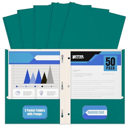 Better Office Products Teal Paper 2 Pocket Folders with Prongs, 50 Pack, Matte Texture, Letter Size Paper Folders, 50 Pack, with 3 Metal Prong Fastener Clips, Teal - color: Teal