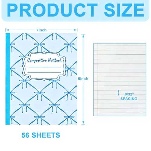 6 Packs 112 Pages Composition Notebook for Back to School 7-1/2" x 9-3/4" | Cute Blue Bow Composition Notebook College Ruled Bulk for First Day of School Offices - color: Blue