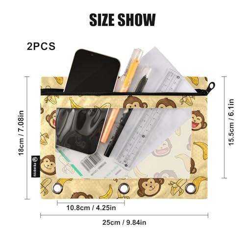 2 Pack Pencil Pouch for 3 Ring Binder Cute Monkey Banana Pencil Case Pouch with Clear Window Zipper Binder Pencil Pouches Pen Bag for Office School Supplies - color: Cute Monkey Banana