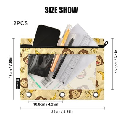 2 Pack Pencil Pouch for 3 Ring Binder Cute Monkey Banana Pencil Case Pouch with Clear Window Zipper Binder Pencil Pouches Pen Bag for Office School Supplies - color: Cute Monkey Banana