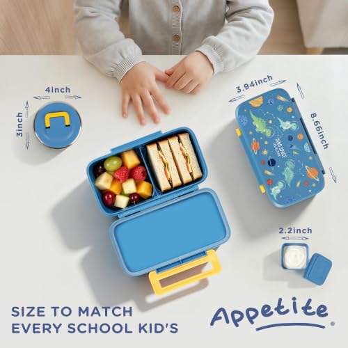 Bento Lunch Box for Kids With 8oz Food Thermo,BPA-Free for School | Lunch Container with 2 Compartments, Insulated Food Jar, Dishwasher Safe, Easy to Clean, Lunch Box for Girls Boys - color: Blue Dinosaur1