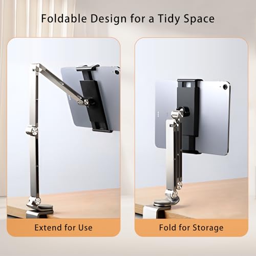 iPad Mount for Desk Aluminum Alloy Tablet Stand Foldable Overhead Arm Holder Mount Fits for 4.7-15.6" Screen Phone,Kindle,Fire HD,Monitor,iPad,Galaxy Tab Series (Silver) - color: silver