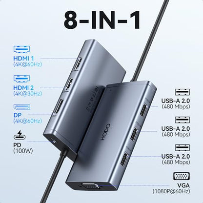 USB C 도킹 스테이션 듀얼 모니터, HP 노트북 도킹 스테이션 3 모니터용 | USB C 허브 쿼드 디스플레이 USB C 어댑터 - 4K HDMI+DP+VGA, 3USB 2.0, PD, USB C 도크 동글 8 in 1 컴퓨터 도킹 스테이션 델용