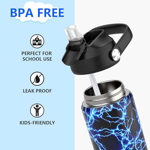 Boys Water Bottle with Straw,18 oz Kids Insulated Cups with Stainless Steel Leak Proof for School,Sport&Travel（2pack，Lightning+Soccer） - color: C11.Lightning+Football