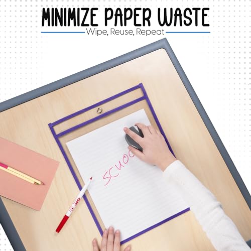 Essex Wares - 6 Pack, Purple, Dry Erase Pocket Document Protectors, 10" Wide x 13.5" Tall - Dry Erase Clear Plastic Sleeves - Reusable & Easy Erase Plastic Invoice Holders, Water-Resistant & Durable - color: Purple