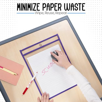 Essex Wares - 6 Pack, Purple, Dry Erase Pocket Document Protectors, 10" Wide x 13.5" Tall - Dry Erase Clear Plastic Sleeves - Reusable & Easy Erase Plastic Invoice Holders, Water-Resistant & Durable - color: Purple