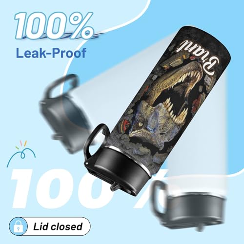 Personalized Dinosaur Water Bottle for Boys, Customized Kids Insulated Bottle with Name for Kids for School, Stainless Steel Thermo with Straw, 18oz - color: Dinosaur