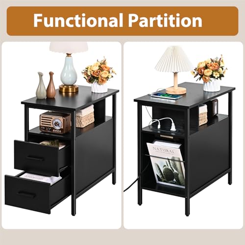 Livofloral Black Side Tables, End Table with Charging Station, Narrow End Table with 2 Wooden Drawers, USB Ports and Power Outlets, Slim Nightstand and Bedside Table, End Tables Living Room, Bedroom - color: Black