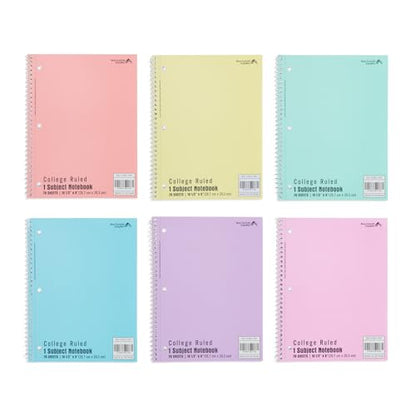 Blue Summit Supplies 6 Spiral Notebooks, College Ruled, Assorted Pastel | 8 x 10.5 in, 70 sheets each, 3 hole punched, perforated, pastel covers, for school and note taking - size: 6 Pack
