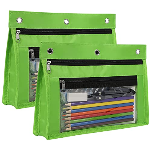 YoeeJob 2 Pack 1 Inch Expandable Zipper Pencil Pouches with Clear Window for 3 Ring Binder, Suitable for School & Office（Green） - color: Green