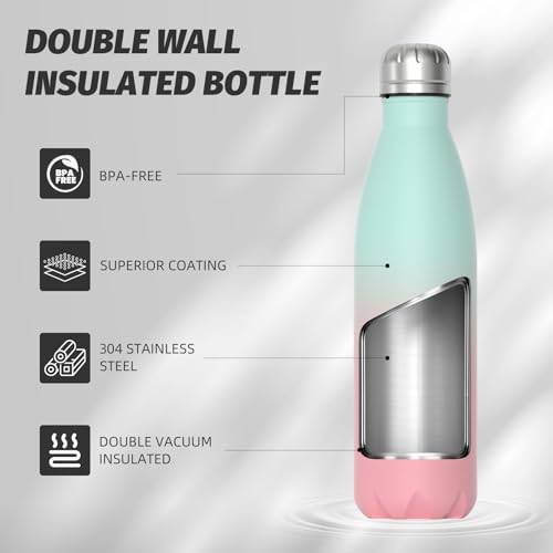 WATERSY Stainless Steel Water Bottle, 17oz/500ml Insulated Pink Bottle Keeps Drink Cold and Hot, BPA Free for School, Gym, Travel, Sports - color: Gradual Pink