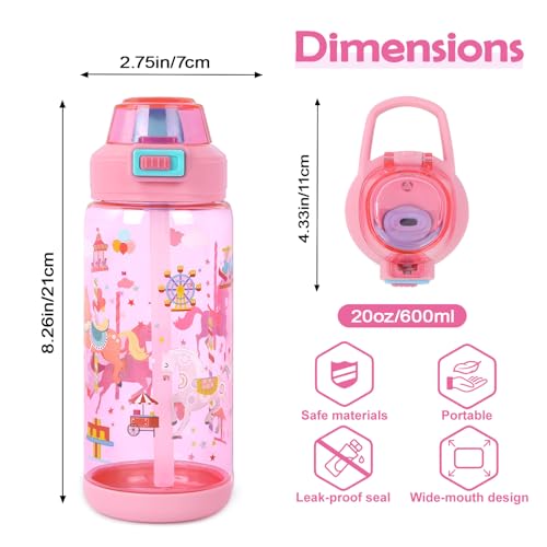 20oz Kids Water Bottle For School or Travel, Leak-Proof & Dishwasher, Durable Plastic Sport Water Bottle With Straw and Handle, Carousel - color: Pink carousel