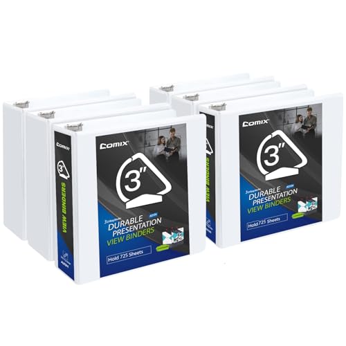 Comix Durable 3 Ring Binder, 3 inch D Ring Binders, Hold 725 Sheets of US Letter Size Paper, 6 Pack (White) - color: White, size: 3 Inch, style: 6 Pack
