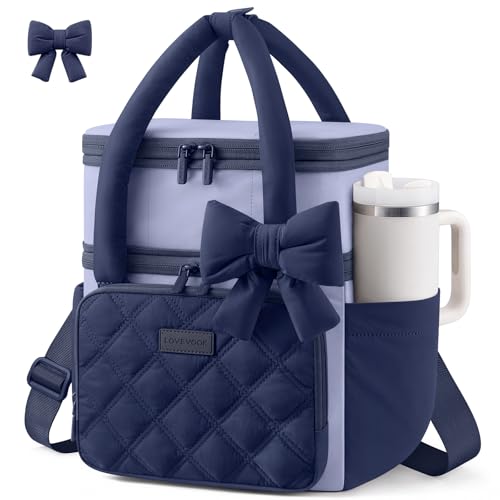 LOVEVOOK Insulated Lunch Bag Women,Expandable Double Deck Adult Lunch Box Women with Cup Holder,Bow Quilted Puffer Lunch Tote,Large Leakproof Collapsible Cooler Bag for Work College Picnic Meal Prep - color: Dark Blue with Light Blue, size: Large —15L