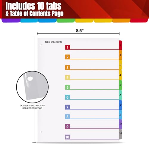 Tab Dividers for 3 Ring Binders – 6 Sets, 1–10 Numbered Index Dividers with Table of Contents – 8.5 x 11 in, 3-Hole Punched – Binder Dividers for School, Office, Filing, Organizing - 6 Pack - size: 1-10 Tabs