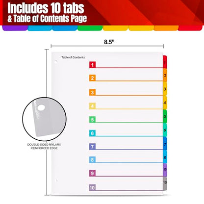 Tab Dividers for 3 Ring Binders – 6 Sets, 1–10 Numbered Index Dividers with Table of Contents – 8.5 x 11 in, 3-Hole Punched – Binder Dividers for School, Office, Filing, Organizing - 6 Pack - size: 1-10 Tabs