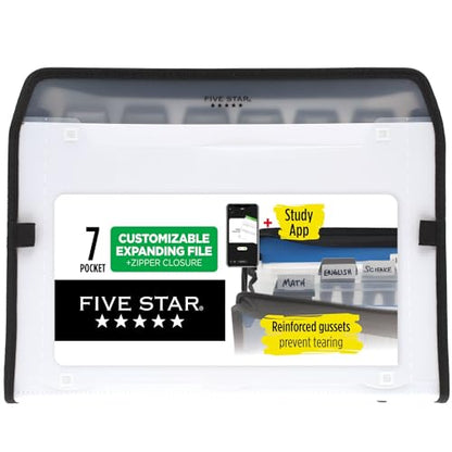 Five Star 7 Pocket Expanding File Organizer + Study App, Plastic Expandable File Folders with Customizable Tabs & Clear Cover, Holds 11" x 8-1/2", Zipper Closure, White (72508) - size: 1 Pack