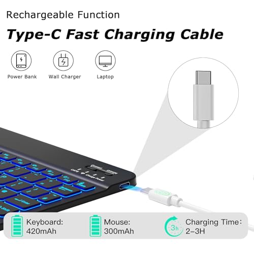 Bluetooth Keyboard for iPad, 7-Color Backlit, Rechargeable 10 inch Wireless Keyboard for iPad 10th/9th/8th Gen, iPhone,Tablet, Smartphone iOS Android Windows Computer