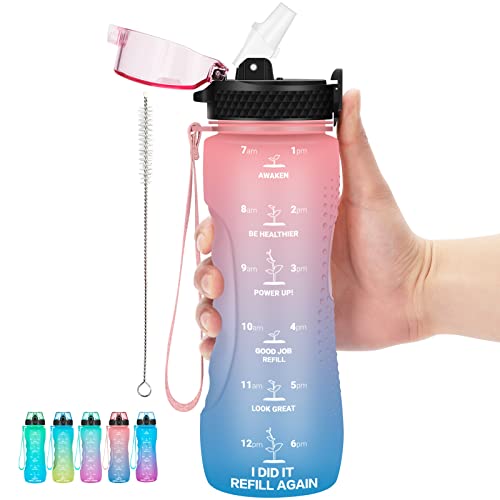 24 OZ Motivational Kids Water Bottle With Time Marker,Straw Lid,Leak Proof, Tritan BPA Free Sports Water Bottle Pink-Blue(1 Lid) - color: Pink Blue
