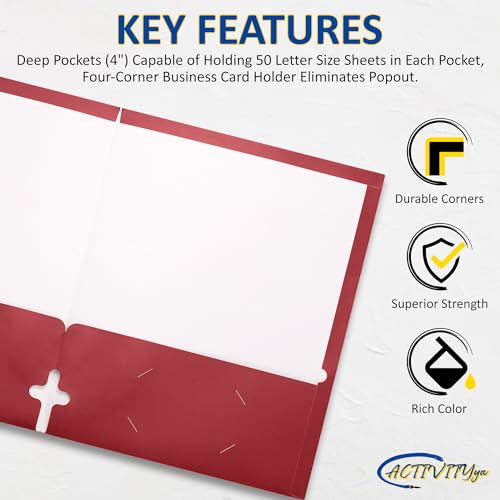 10 Pack Two Pocket Folders, Red, Strong Thick Paper Folders, for Letter Size, by ACTIVITYya - color: Red