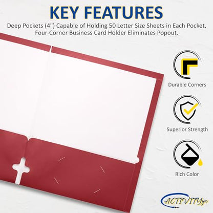 10 Pack Two Pocket Folders, Red, Strong Thick Paper Folders, for Letter Size, by ACTIVITYya - color: Red