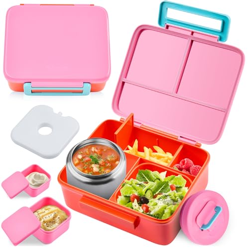 Bento Lunch Box for Kids with 8oz Soup Thermo Leak-Proof Lunch Food Containers with Snack Sauce Container for Kid Girls Boys to School,Pink - color: Pure Pink