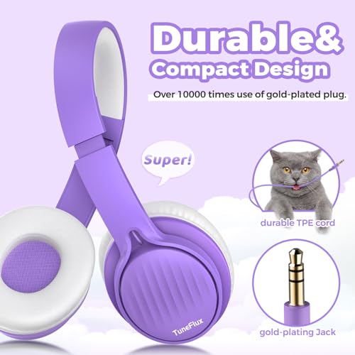 TuneFlux Upgraded Kids Headphones, Wired Toddler Headphones, 85dB Limited Volume On Ear Headphones, Portable Foldable Design, Stereo Sound Kids Headsets for School/Tablet/Travel-Purple - color: Purple