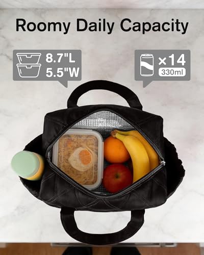 Quilted Puffer Lunch Bag for Women, Insulated Lunch Tote with Foil Lining, Leak-Resistant Reusable Lunch Cooler Bag, Roomy Soft Lunch Box for Work, School, Picnic and Travel (Black) - color: Black