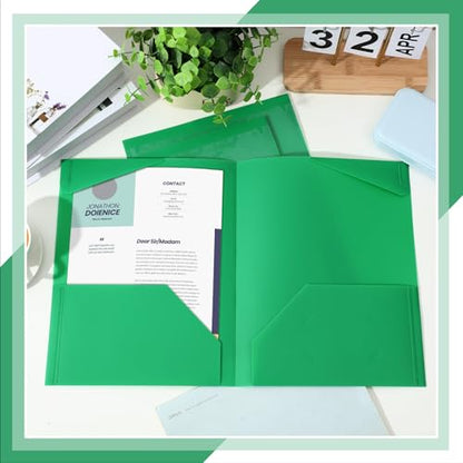Henoyso 18 Pack Green Plastic Folders with Clear Front Pockets Heavy Duty File Folders with 2 Pockets and Card Slot for Student Communication School Office Presentation Report - color: Green