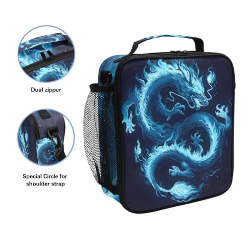 ALAZA Dragon Blue Black Lunch Box Insulated Lunch Bag Kids Cooler Tote Bag Freezable Shoulder Strap Lunchbox for Girls School Picnic - color: Multi889