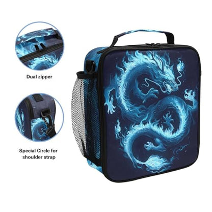 ALAZA Dragon Blue Black Lunch Box Insulated Lunch Bag Kids Cooler Tote Bag Freezable Shoulder Strap Lunchbox for Girls School Picnic - color: Multi889