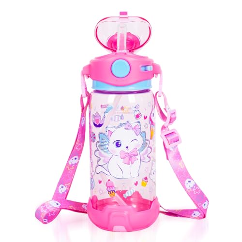 Kids Water Bottle with Straw/Lanyard for School Kids Girls Boys, 22oz BPA Free Child Drinking Water Bottle One-Click-Open Leak-Proof Locking Flip Lid for School Sport Travel - color: H07. Cat