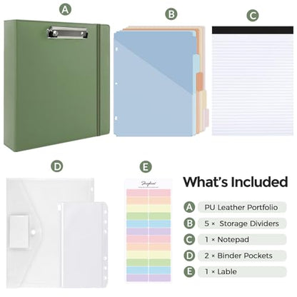 SKYDUE 3 Ring Binder with Clipboard, 2 Inch Binder, PU Clipboard Binder with Notepad & 5 Dividers with 5 Pockets, Labels, Clipboard Folder Great for School Office(Fit Letter Sized Paper) - color: Olivegreen, size: Letter Size - 2 Inch
