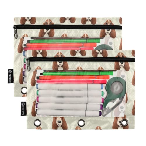 Custom Name Basset Hound Dog Heads Pencil Pouch for 3 Ring Binder Zipper Personalized Name Pencil Case for School Office 2 Packs - color: Custom Basset Hound Dog Heads