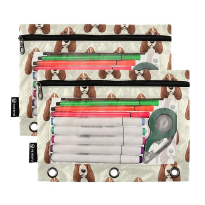Custom Name Basset Hound Dog Heads Pencil Pouch for 3 Ring Binder Zipper Personalized Name Pencil Case for School Office 2 Packs - color: Custom Basset Hound Dog Heads