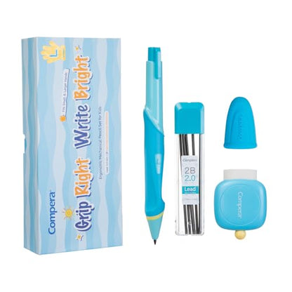 Ergonomic Pencil Set, 2.0mm HB Mechanical Pencils for Kids, School Supplies Include Sharpener, Eraser & 6 Extra Leads – Handwriting Aid for Preschool, Kindergarten, Homes, Blue, L - color: Blue