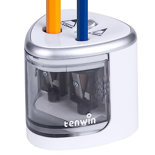tenwin Electric Pencil Sharpener for Colored Pencils, Battery Operated Pencil Sharpeners for No.2 and 6-12mm Pencils, Dual Hole for Office School Artists Adults Kids Use（Silver） - color: Silver