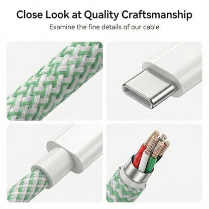 USB C to C Charger Cable, 60W, 6FT, 2-Pack, Green | Fast Charging, Braided Nylon, for iPhone 17/16/15, MacBook iPad, Galaxy S25/S24 - color: Green, size: 6FT+6FT