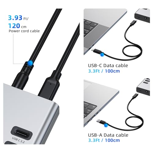 VANGREE Powered USB Hub 10Gbps, 17 Ports USB 3.2 Hub, 96W Power Adapter | 10 USB-A 3.2, 3 QC 24W Fast Charging, 2 USB-C 3.2, SD/TF, 12V/8A Power Adapter for Laptop, PC, Computer, HDD, Flash Drive - color: Silver
