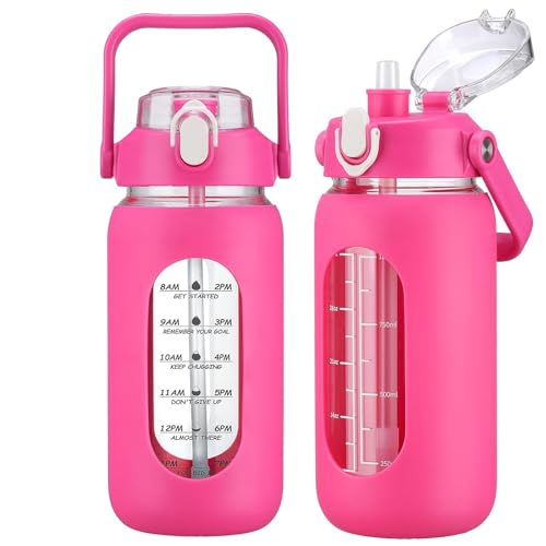 42oz Glass Water Bottles with Straw, Motivational Glass Bottle with Silicone Sleeve and Time Marker, Leakproof Large Glass Water Jug for Gym Home Office,Rose red - color: Rose red, size: 42 Ounces