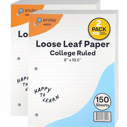 Loose Leaf Paper Notebook Paper, 8" x 10.5" Filler Paper White, 3 Hole Punched Binder Paper for 3 Ring Binders, Lined Paper 150 Sheets Per Pack - By Enday (2 Pack, College Ruled) - size: 2 Pack